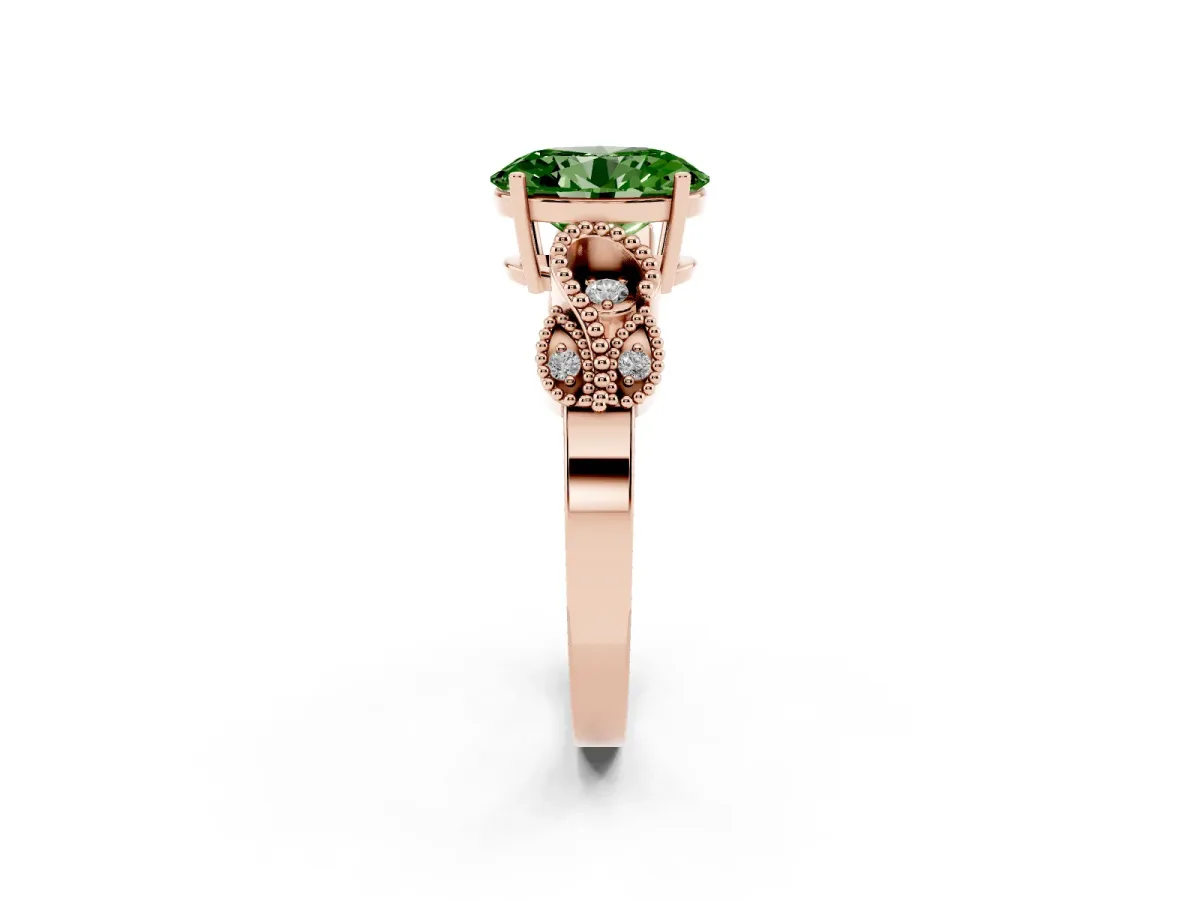 Fancy Green Oval Cut Solitaire Milgrain Leaf Band with Prong Setting Rose gold