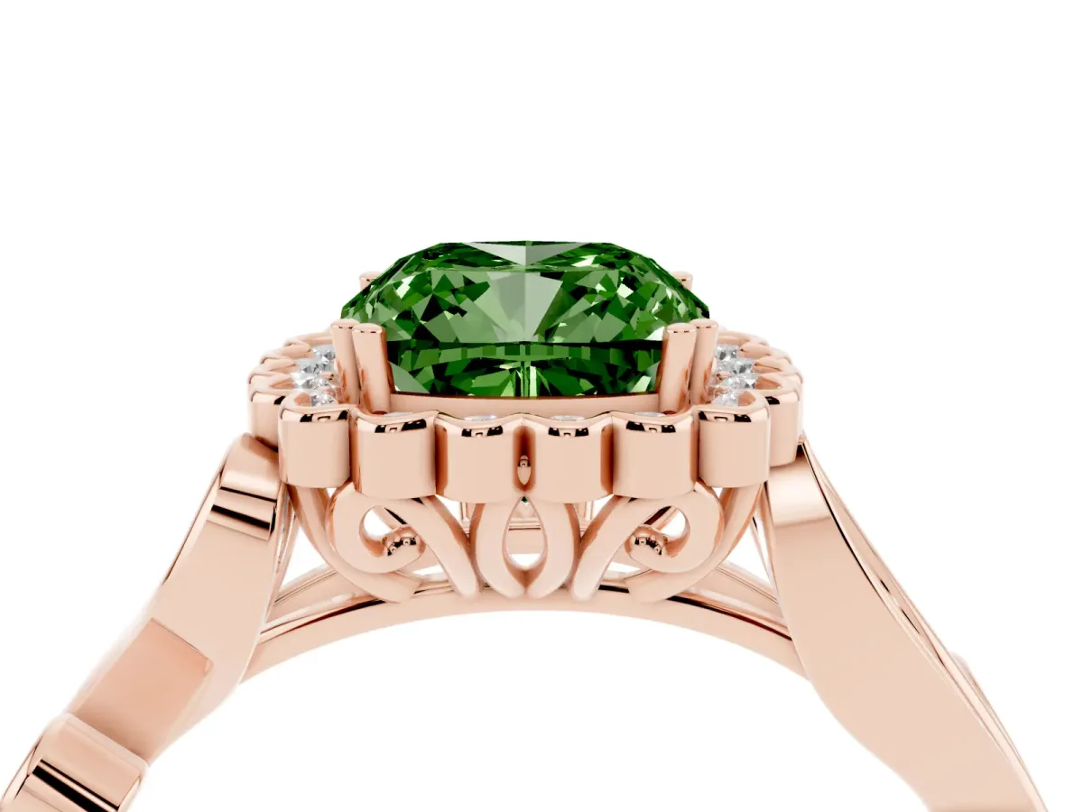 Fancy Green Cushion Cut Diamond Halo Ring with Vintage Split Shank and Four-Prong Setting Rose gold
