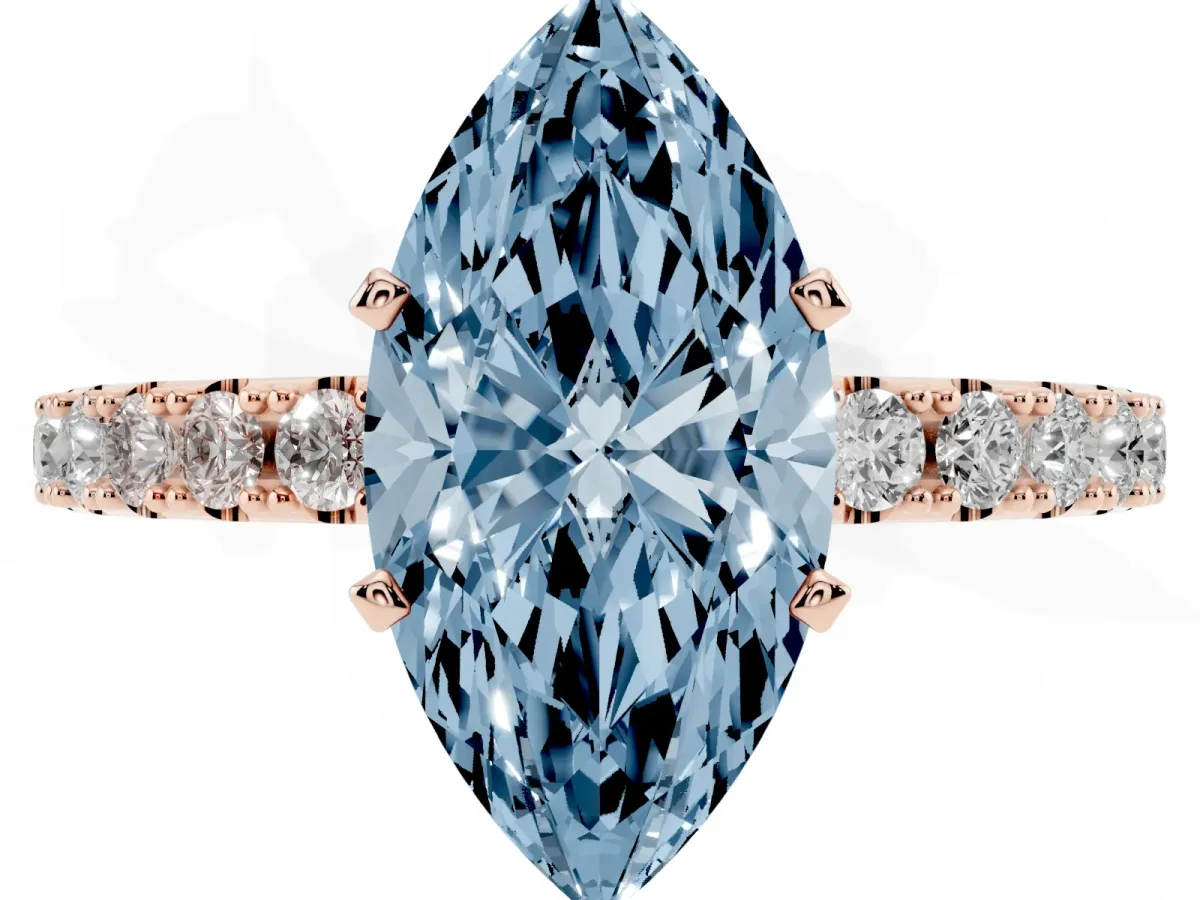 Fancy Blue Marquise Cut Diamond Solitaire Pavé Band with Four-Prong Setting Rose gold