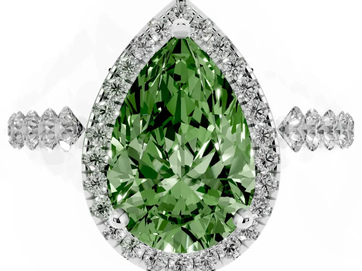 Fancy Green Pear Cut Halo Pavé Diamond Engagement Ring with Four-Prong Setting Platinum