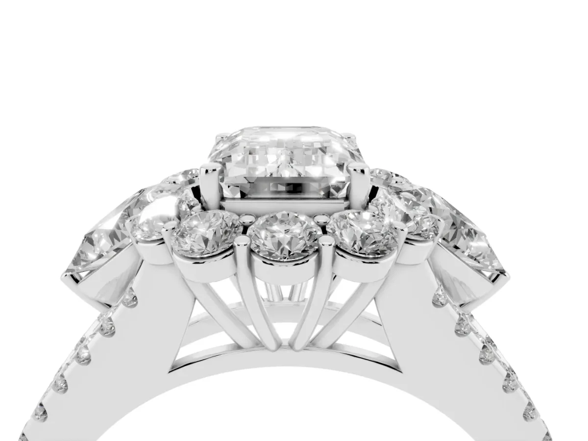 Emerald Cut Halo Split Shank Diamond Engagement Ring with Prong Setting Silver