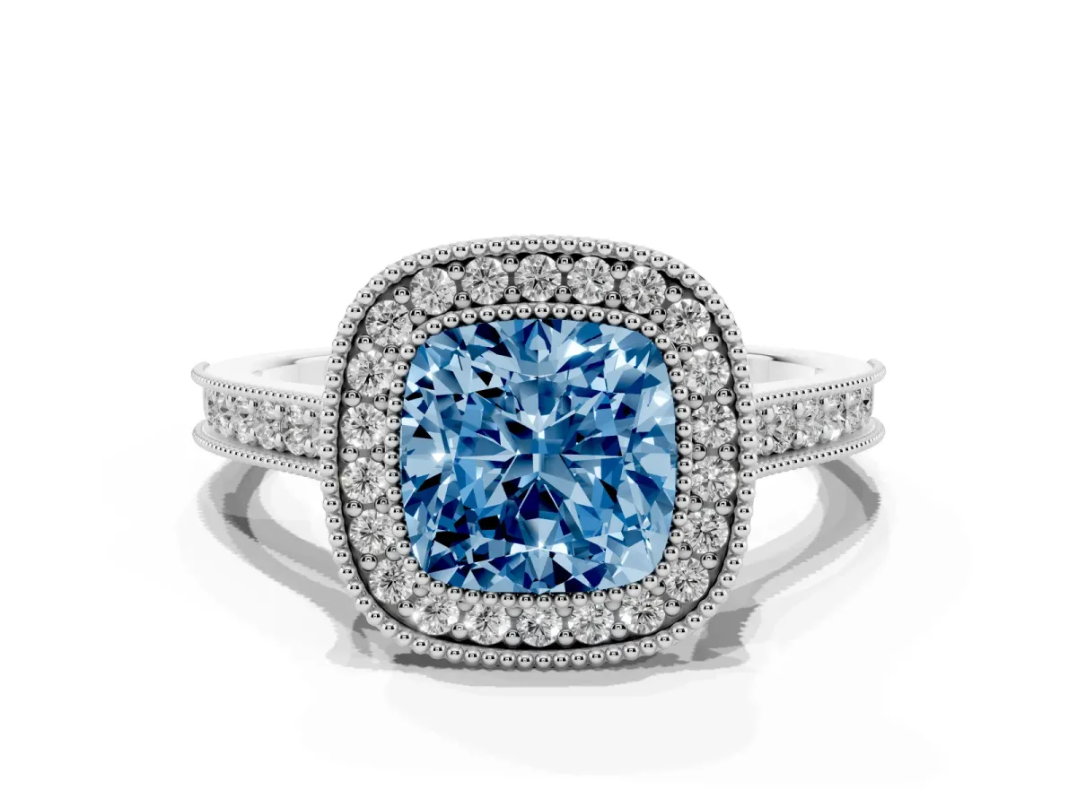 Fancy Blue Halo Cushion Cut-Cut Diamond Pave Band Milgrain Prong Setting Ring Silver