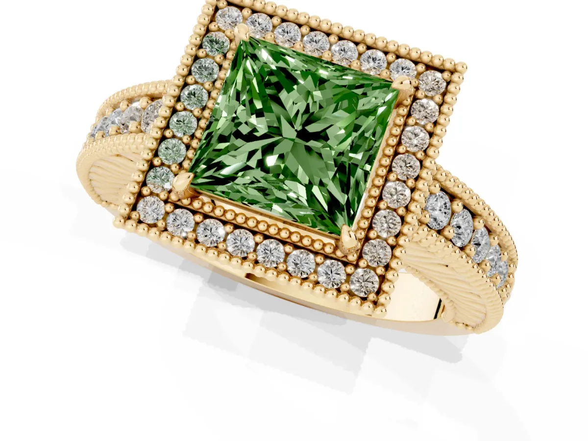 Fancy Green Princess Cut Cut Halo Diamond Ring with Pavé Band and Four-Prong Setting Yellow gold