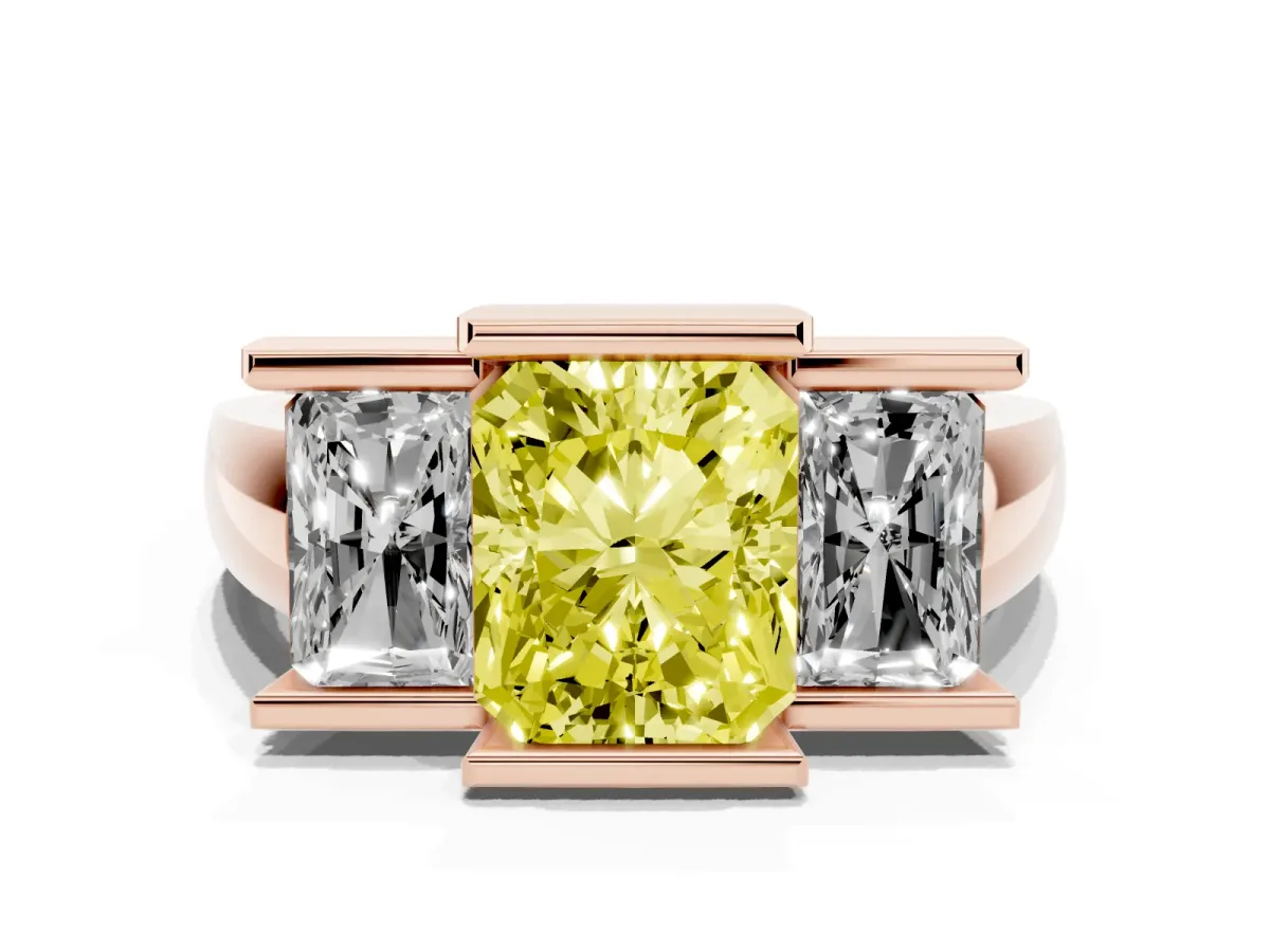 Fancy Yellow Three Stone Radiant Cut Cut Channel Set Diamond Ring Rose gold