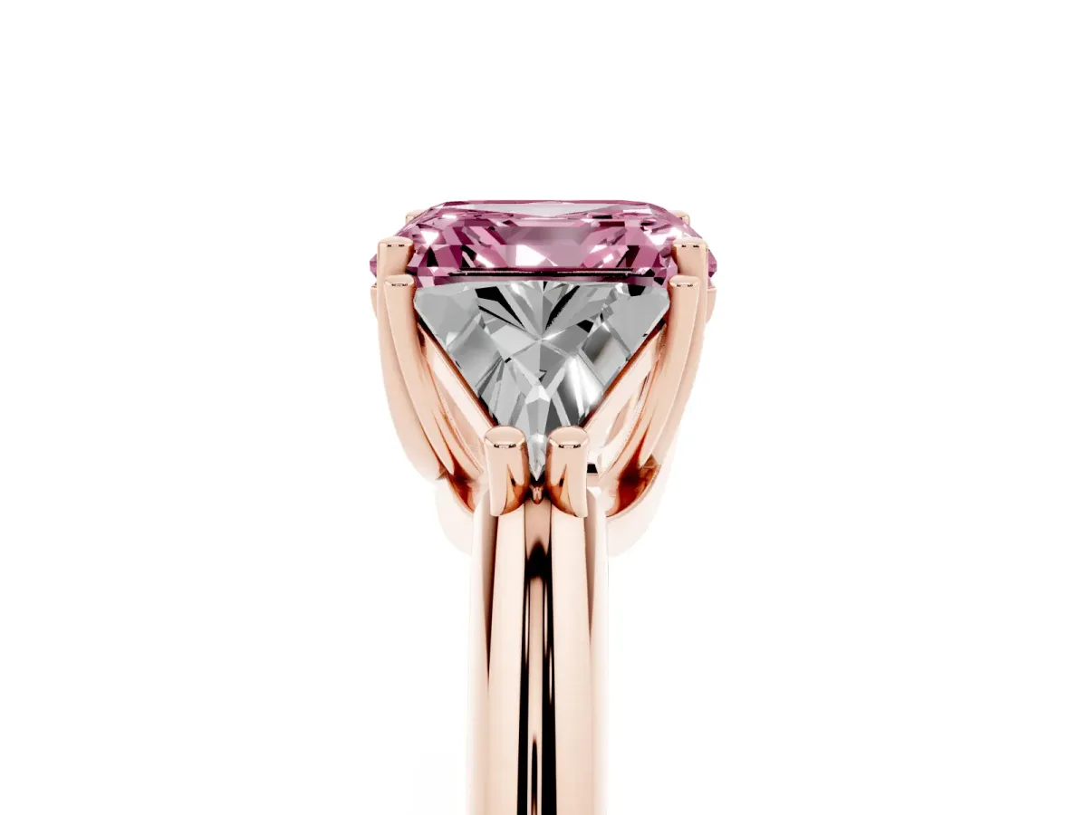 Fancy Pink Three-Stone Asscher Cut Diamond Engagement Ring with Trillion Side Stones and Prong Setting Rose gold