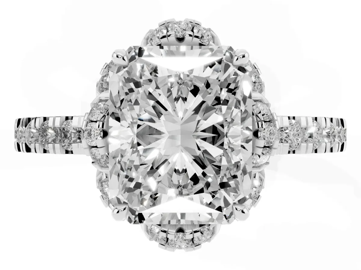 Radiant Cut Diamond Halo Pave Band with Four-Prong Setting Silver