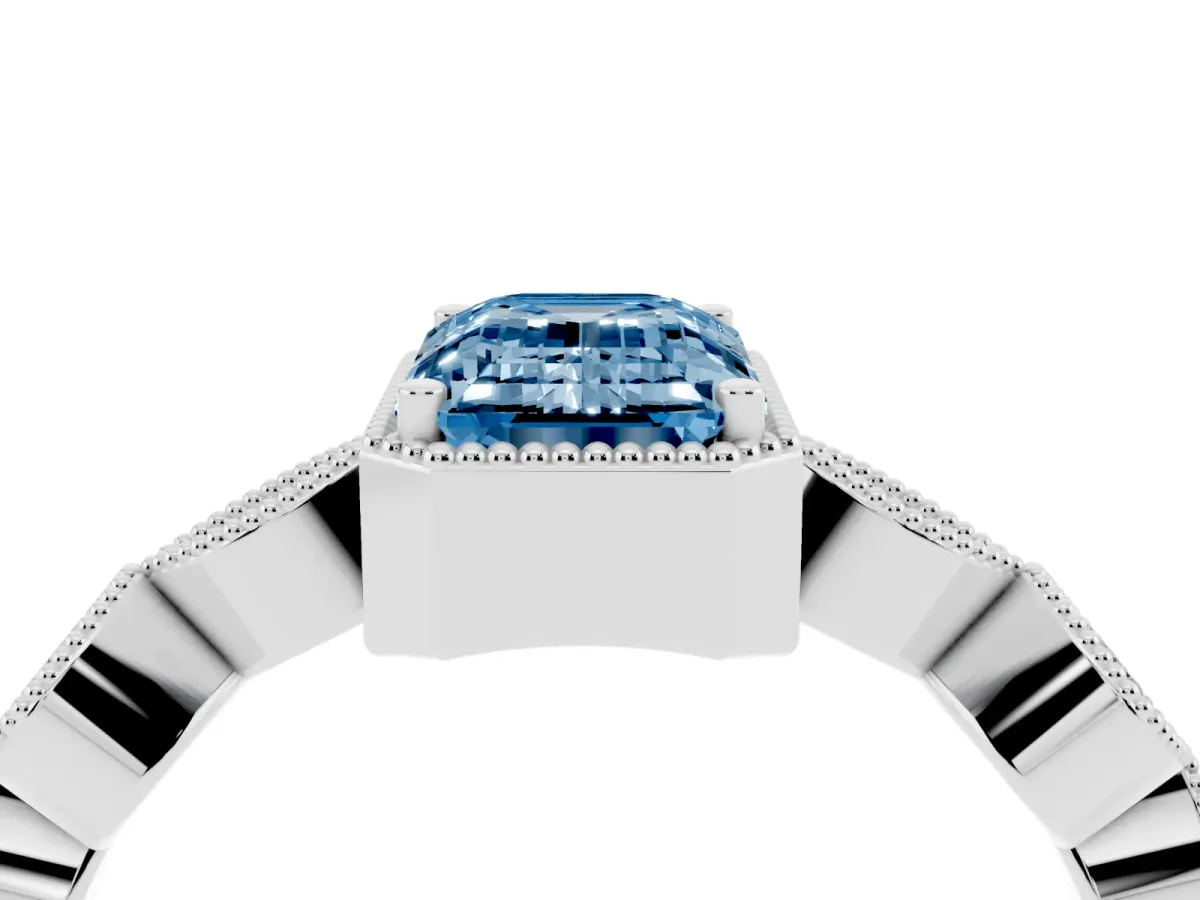 Fancy Blue Emerald Cut Diamond Vintage Milgrain Ring with Round Stations Platinum