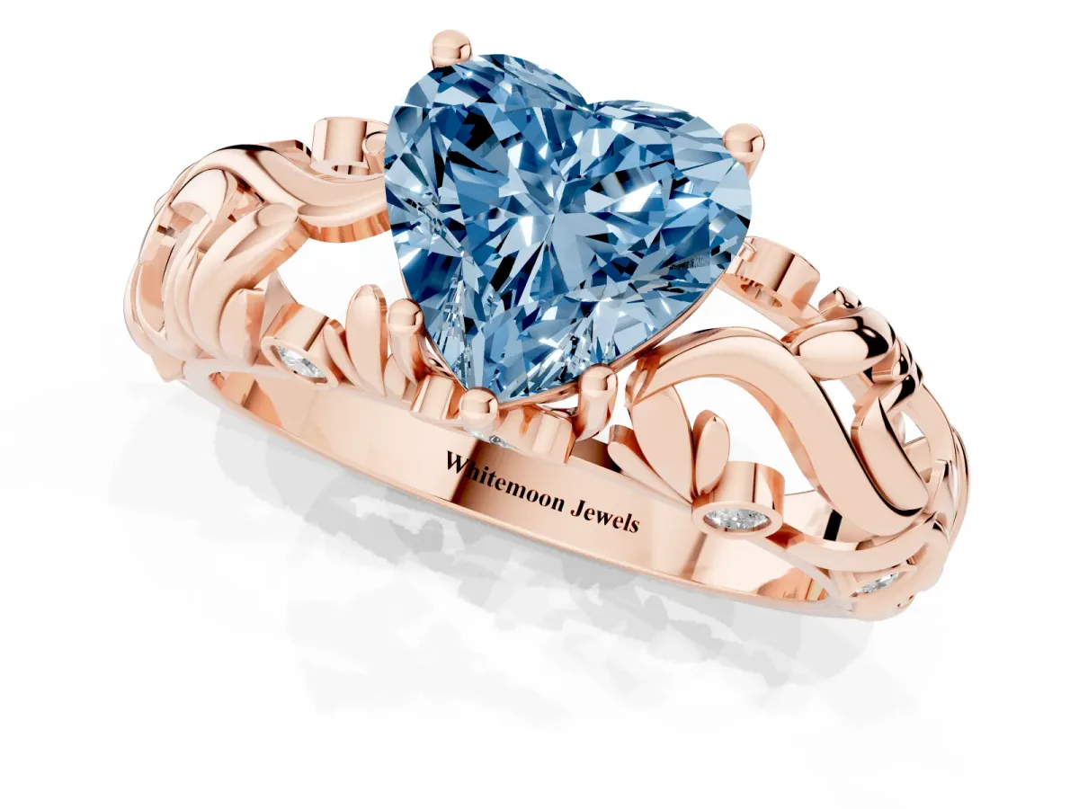Fancy Blue Heart Cut Solitaire Diamond Leaf-Inspired Vine Band Ring with Prong Setting Rose gold