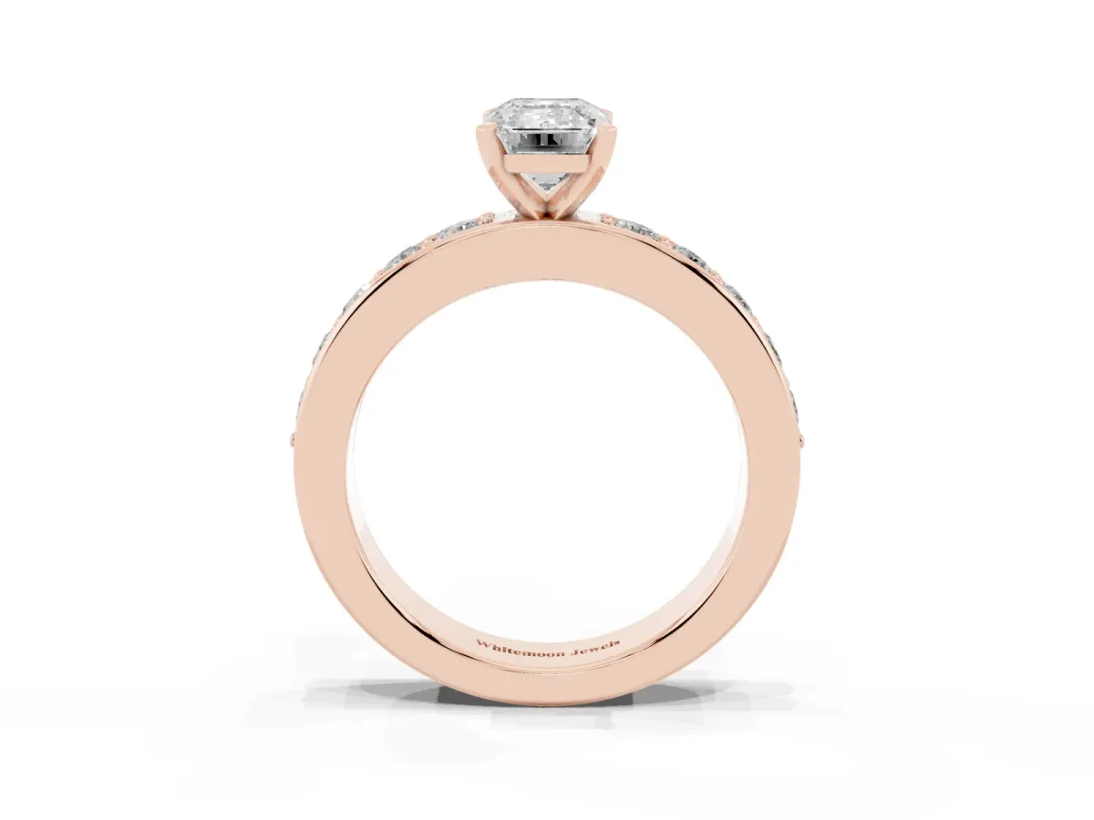 Emerald Cut Diamond Engagement Ring with Channel Set Round Band and Prong Setting Rose gold