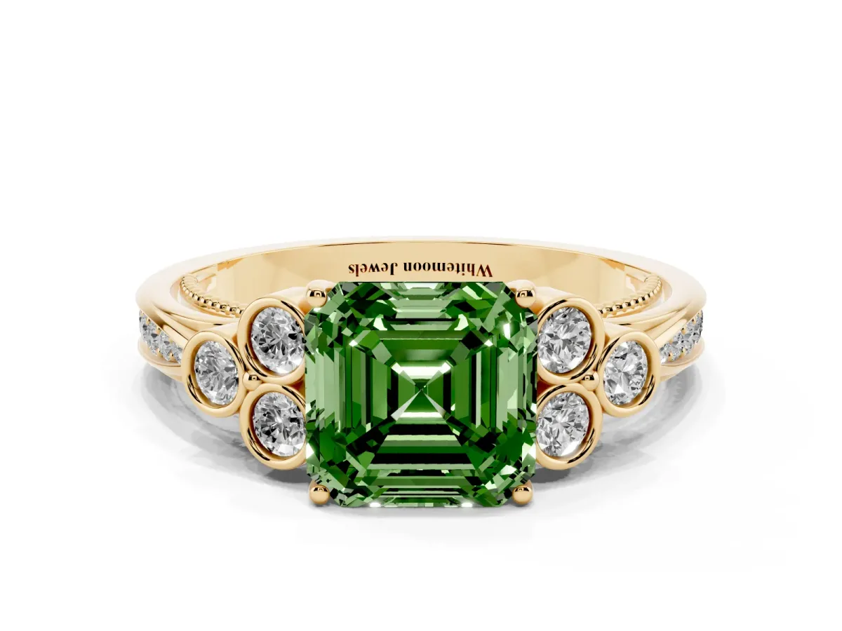 Fancy Green Asscher Cut Cut Diamond Engagement Ring with Bezel Set Round Side Stones and Prong Setting Yellow gold