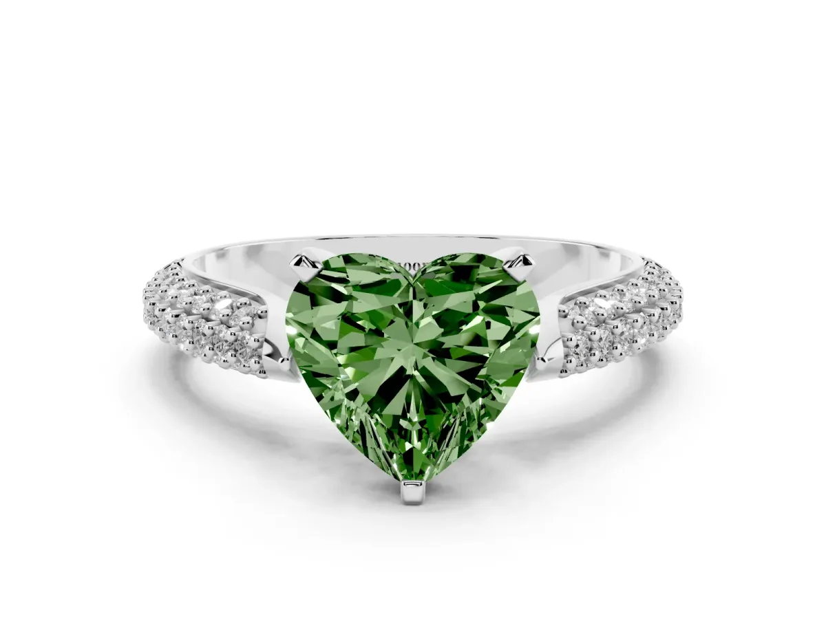 Fancy Green Heart Cut Diamond Solitaire Engagement Ring with Multi-Row Round Pavé Band and Prong Setting Silver