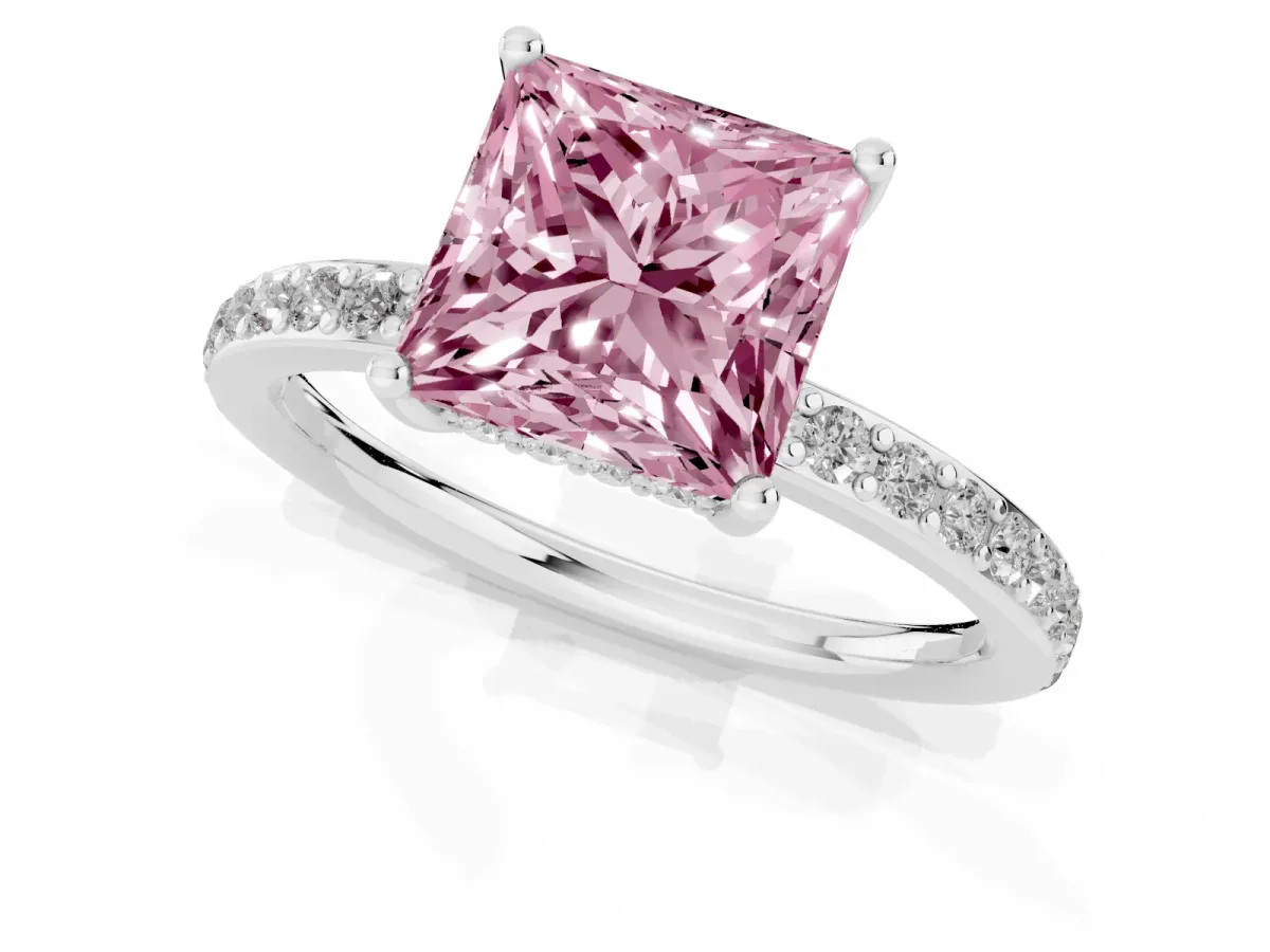 Fancy Pink Princess Cut Cut Diamond Pavé Band Ring with Four-Prong Setting Silver