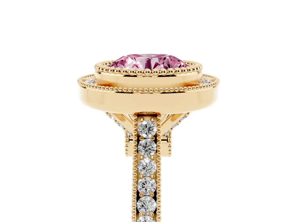 Fancy Pink Round Cut Diamond Halo Ring with Milgrain Frame and Pavé Band Yellow gold