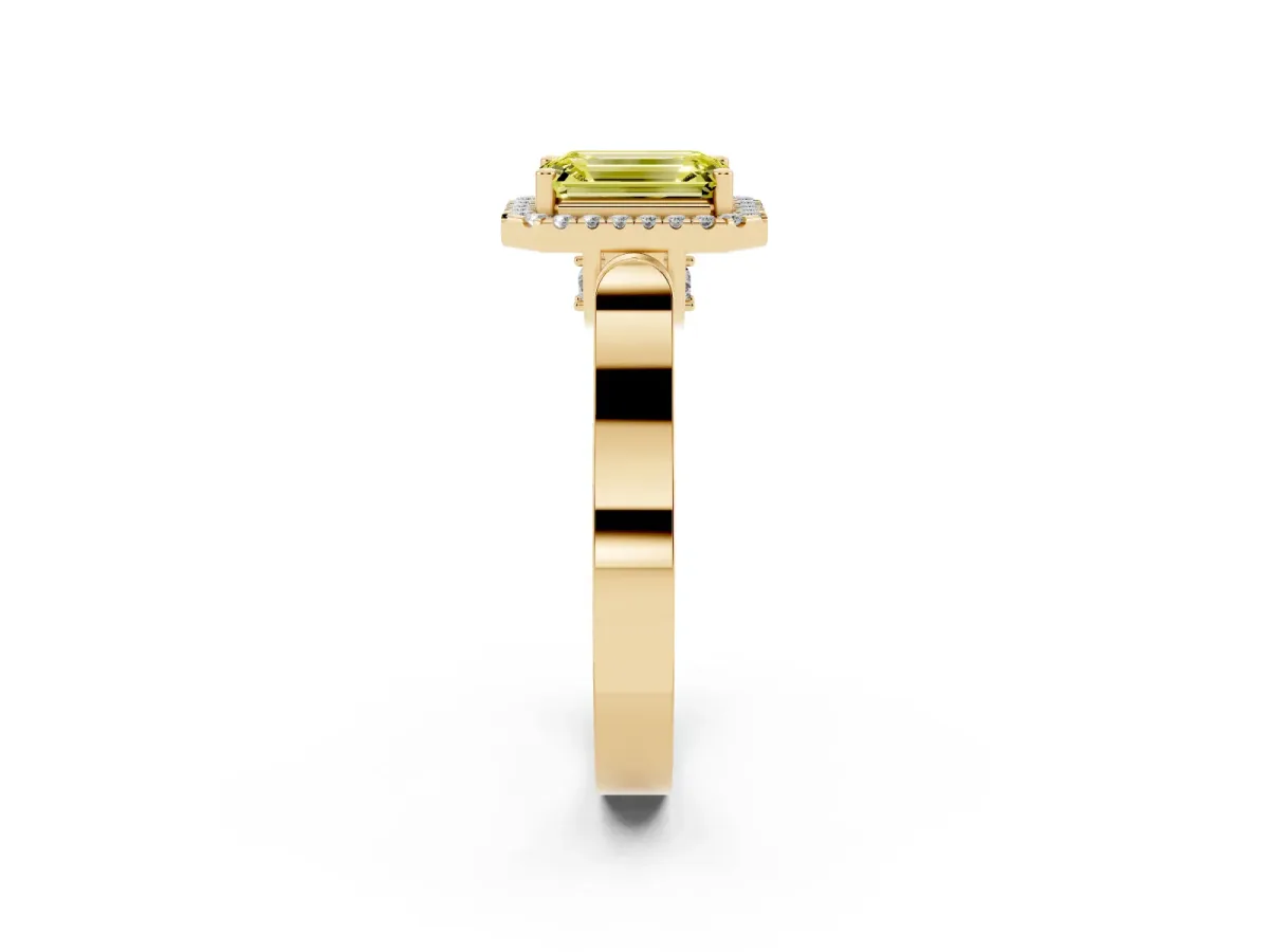 Fancy Yellow Emerald Cut Halo Round Diamond Twist Band with Four-Prong Setting Yellow gold