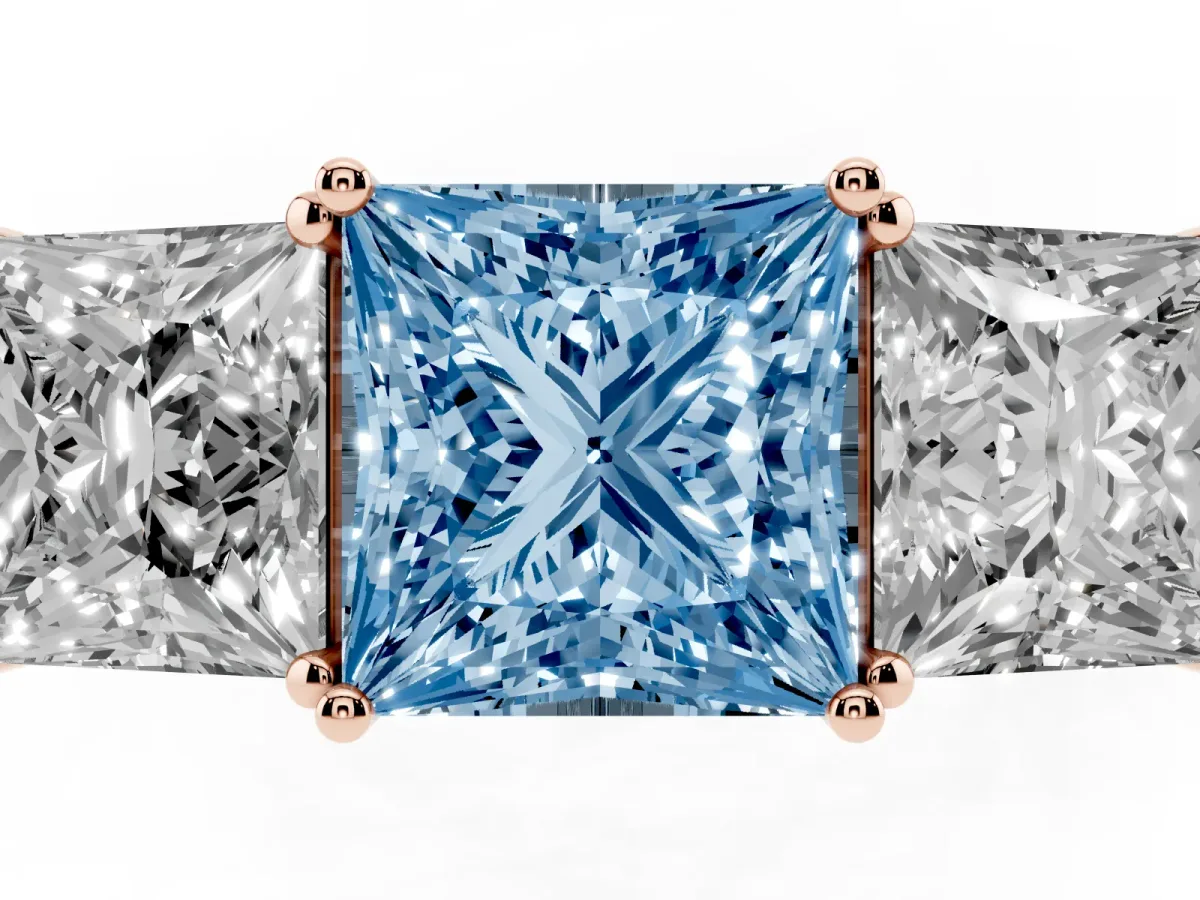 Fancy Blue Princess Cut Diamond Three-Stone Ring with Prong Setting and Textured Band Rose gold
