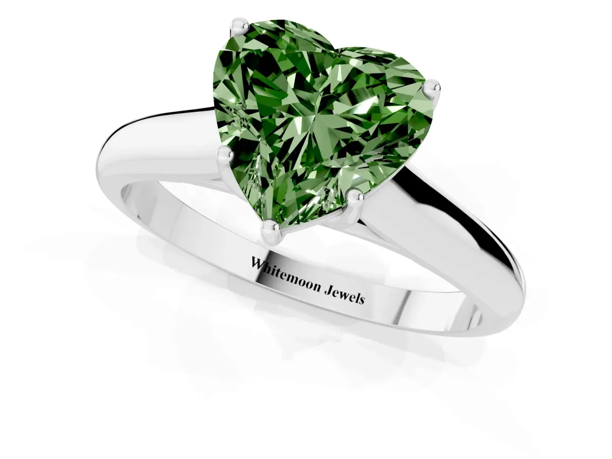 Fancy Green Heart Cut Cut Diamond Solitaire Engagement Ring with Tapered Plain Band and Four-Prong Setting Silver