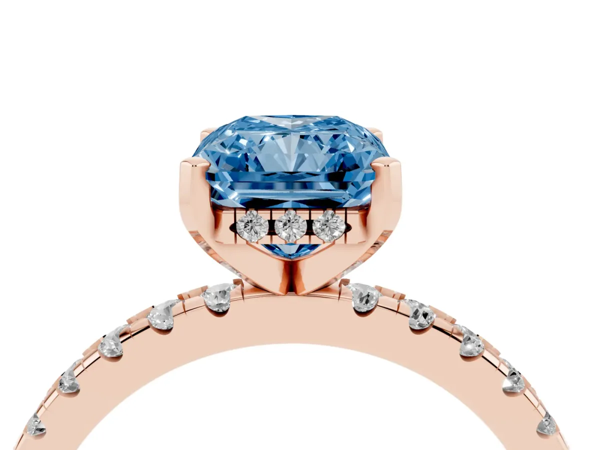 Fancy Blue Radiant Cut Diamond Solitaire Ring with Round Pavé Band and Four-Prong Setting Rose gold