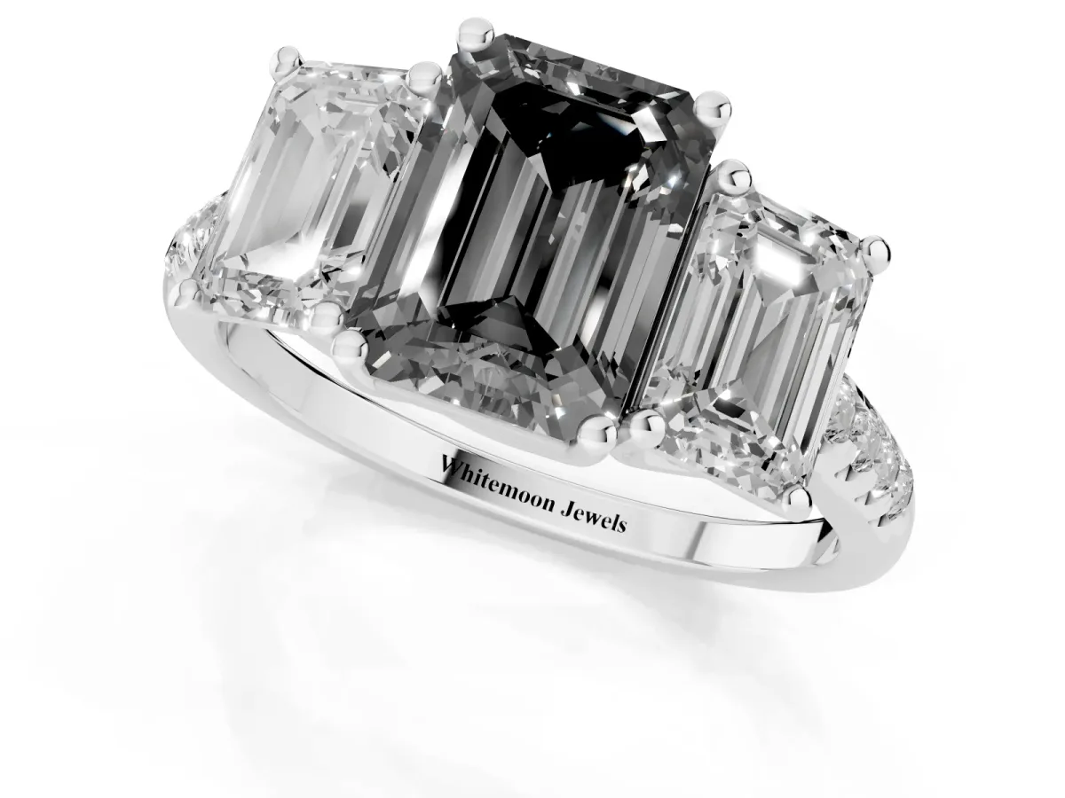 Fancy Black Three-Stone Emerald Cut Diamond Ring with Round Pavé Band and Prong Setting Silver