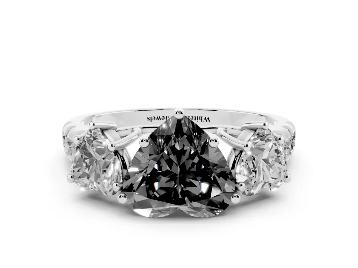 Fancy Black Three-Stone Heart Cut Diamond Pavé Band with Prong Setting Silver