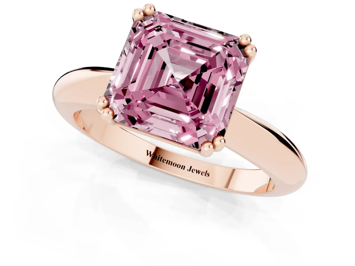 Fancy Pink Asscher Cut Cut Solitaire Engagement Ring with Tapered Band and Four-Prong Setting Rose gold