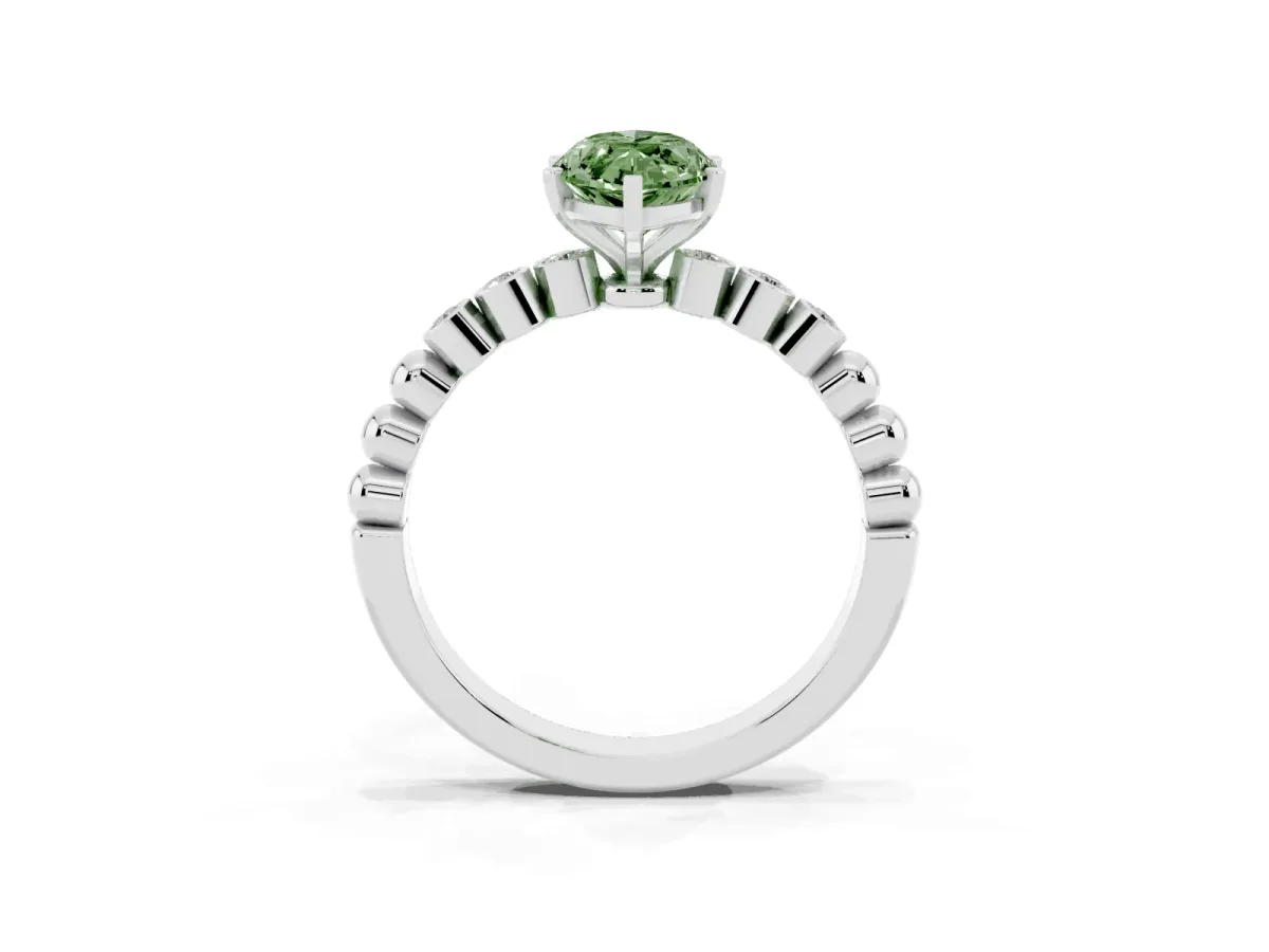 Fancy Green Marquise Cut Solitaire Bezel Accent Diamond Engagement Ring with Beaded Band and Four-Prong Setting Silver
