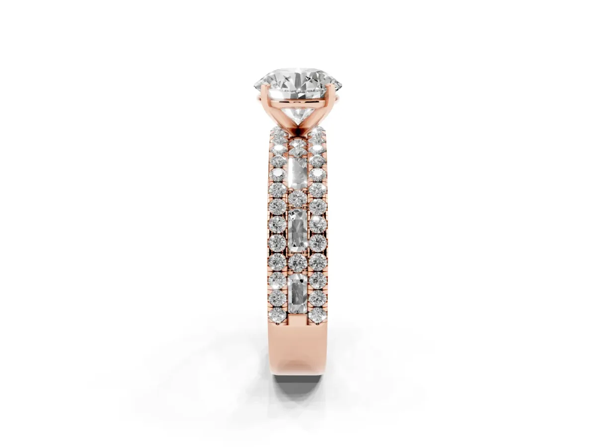 Round Cut Diamond Solitaire Ring with Pavé and Channel Set Band Rose gold