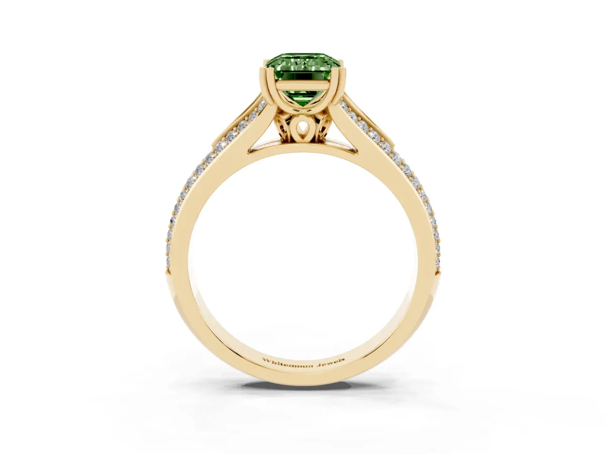 Fancy Green Emerald Cut Diamond Split Shank Engagement Ring with Pavé Band Yellow gold