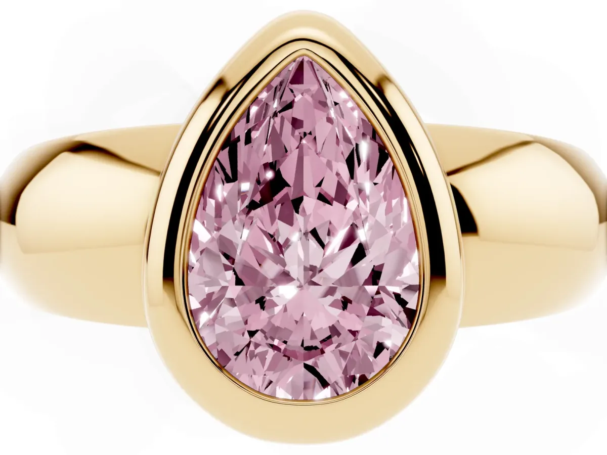 Fancy Pink Bezel Set Pear Cut Solitaire Ring with Wide Band Yellow gold