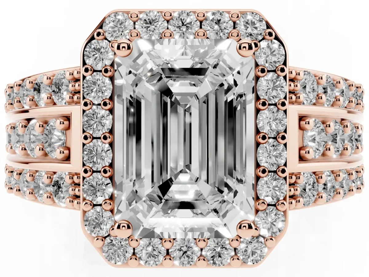 Emerald Cut Halo Diamond Ring with Round Split Shank and Prong Setting Rose gold