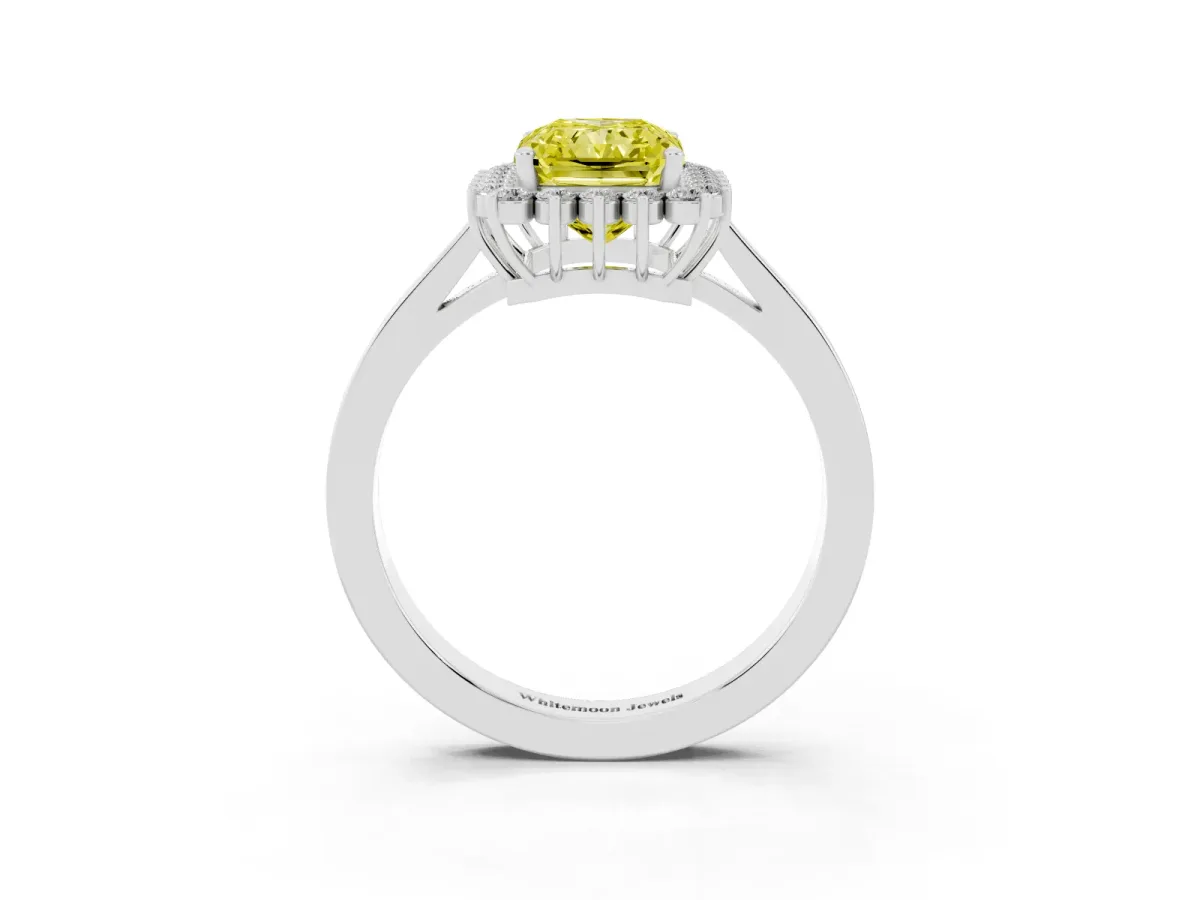 Fancy Yellow Radiant Cut Cut Diamond Halo Ring with Round Brilliant Halo and Solitaire Band Silver