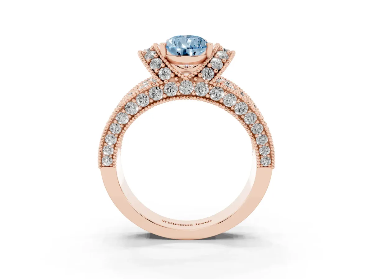 Fancy Blue Pear Cut Halo Pave Diamond Engagement Ring with Milgrain Detailing Rose gold