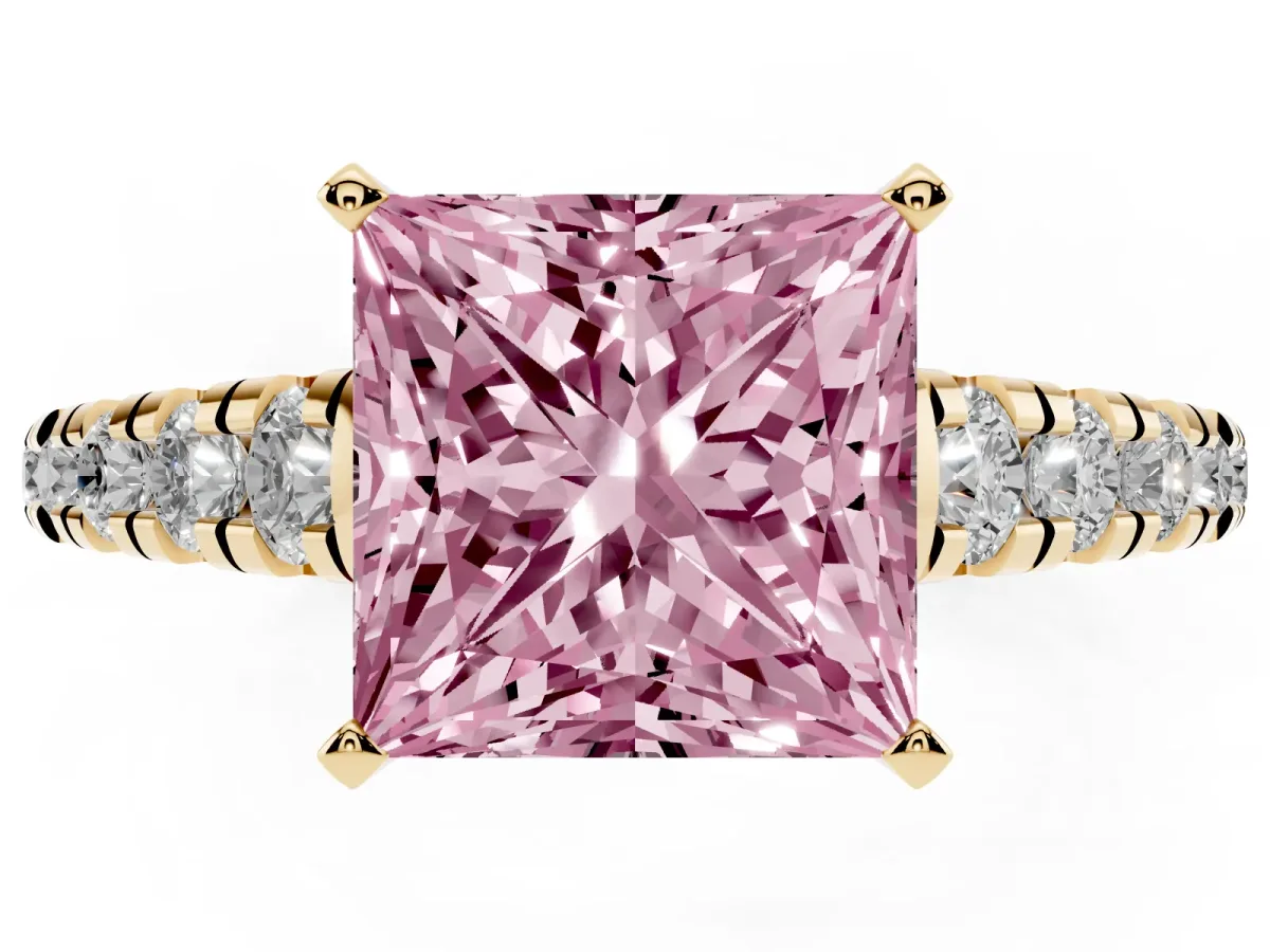 Fancy Pink Princess Cut Diamond Cathedral Solitaire Ring with Round Pavé Band Yellow gold