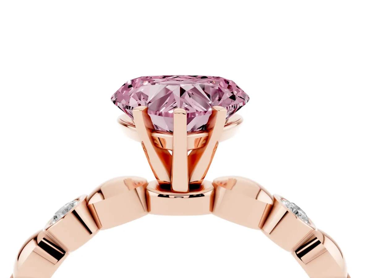 Fancy Pink Heart Cut Solitaire Bezel-Set Diamond Ring with Beaded Band and Four-Prong Setting Rose gold