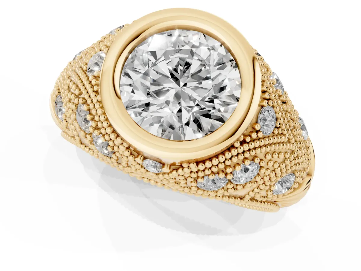 Bezel Set Round Cut Diamond Milgrain Band Ring Yellow gold
