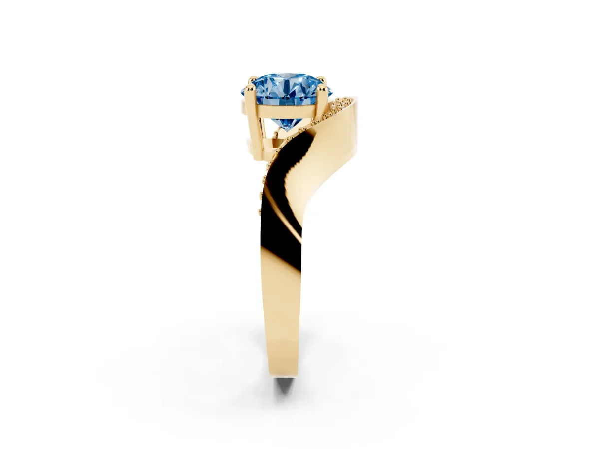 Fancy Blue Round Cut Solitaire Diamond Engagement Ring with Pave Band and Four-Prong Setting Yellow gold
