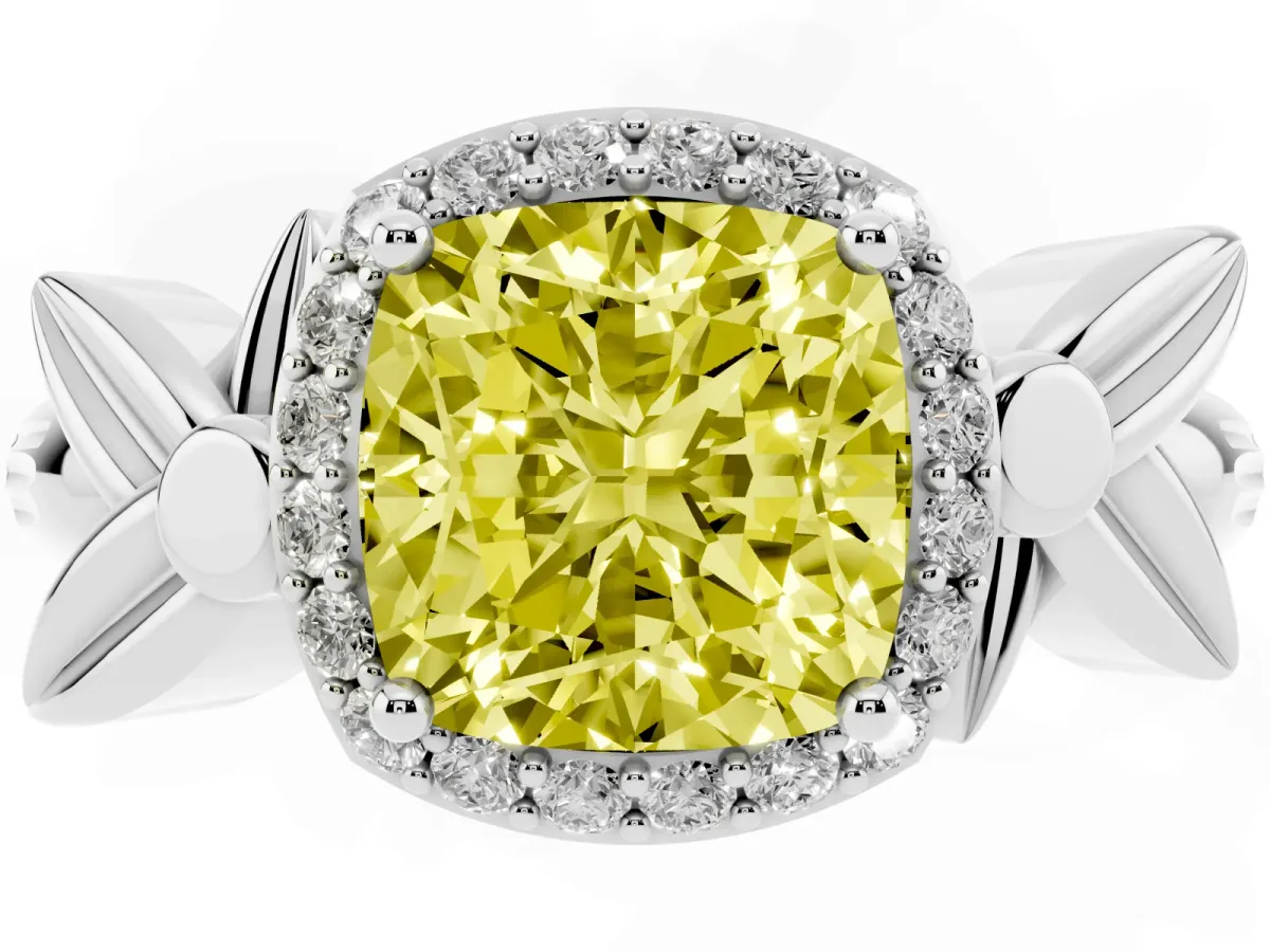 Fancy Yellow Cushion Cut Halo Diamond Floral Band with Four-Prong Setting Platinum
