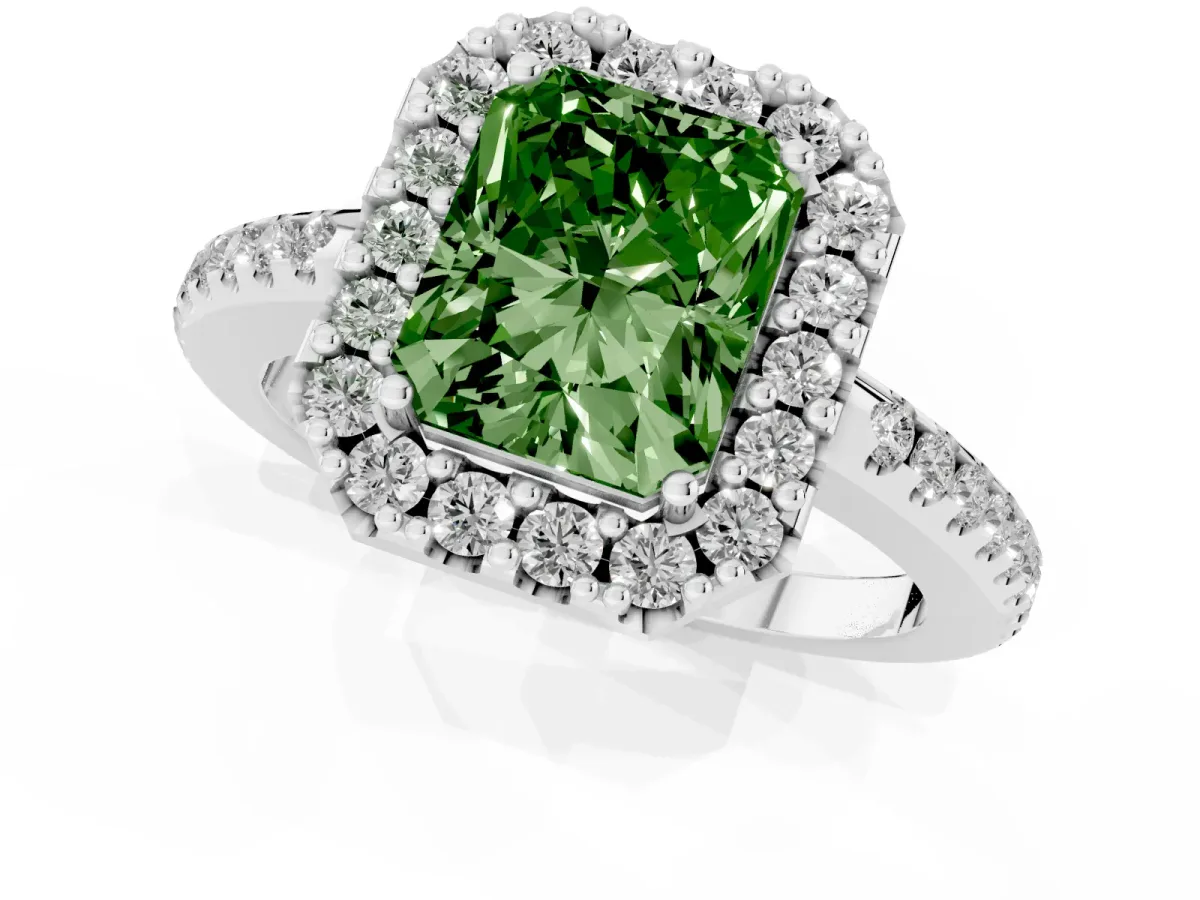 Fancy Green Radiant Cut Diamond Pavé Halo Ring with Four-Prong Setting Silver