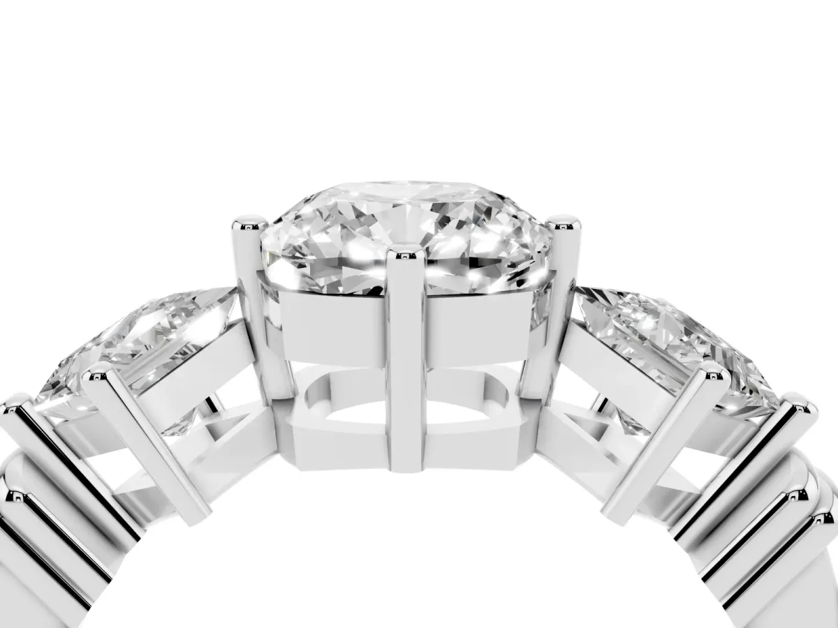 Three-Stone Cushion Cut and Princess Cut Diamond Ring with Channel Band and Four-Prong Setting White gold