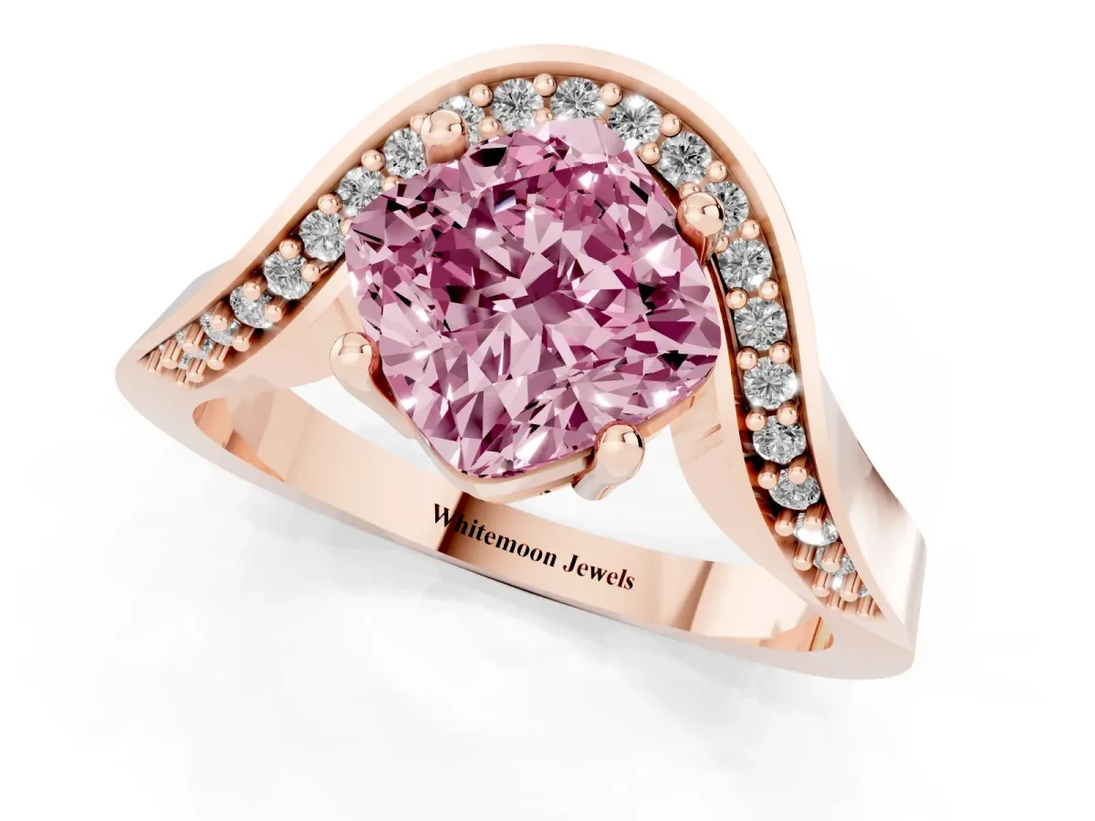 Fancy Pink Cushion Cut Solitaire Diamond Engagement Ring with Pave Band and Four-Prong Setting Rose gold