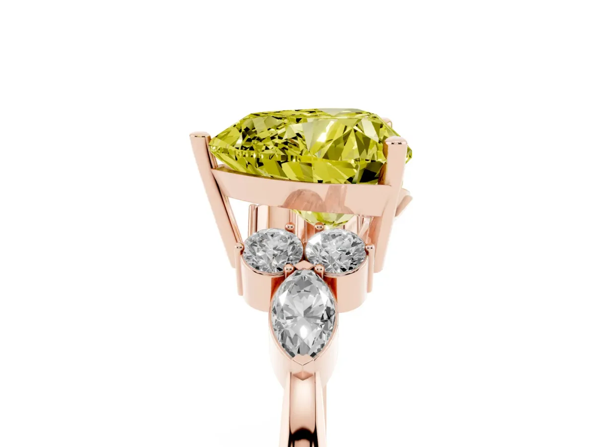 Fancy Yellow Heart Cut Brilliant Diamond Solitaire Ring with Pear Side Stones and Four-Prong Setting Rose gold