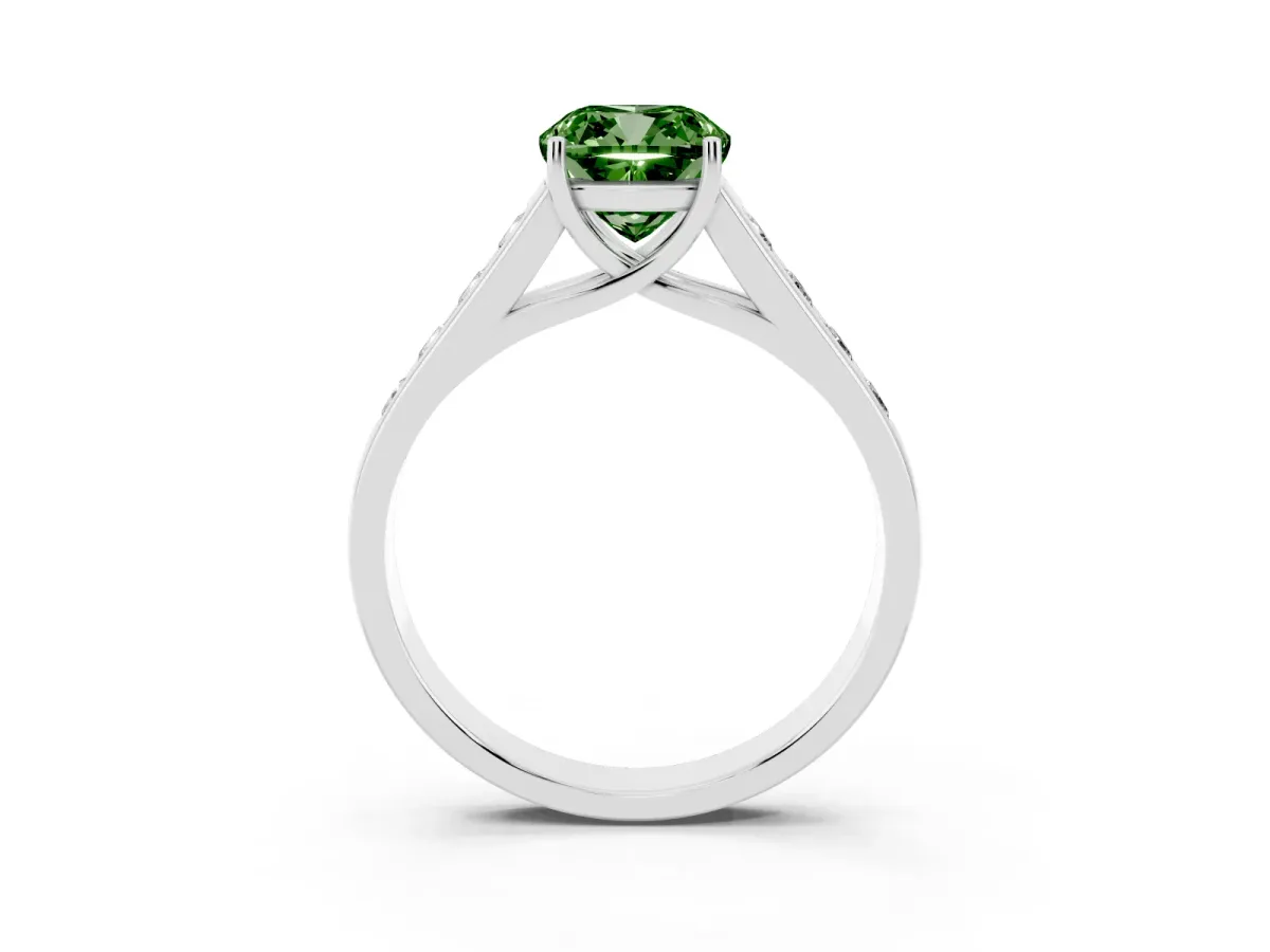 Fancy Green Cushion Cut Brilliant Channel-Set Solitaire Ring with Four-Prong Setting Silver