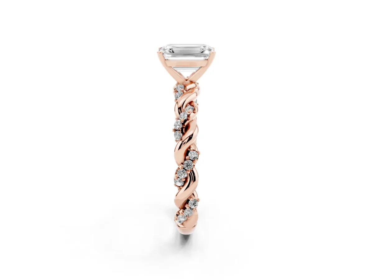 Emerald Cut Diamond Solitaire Ring with Twisted Band and Pavé Accents Rose gold
