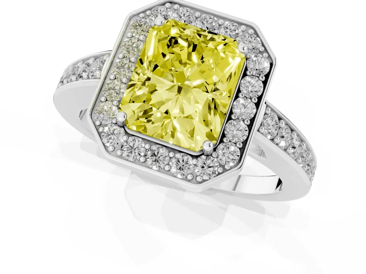 Fancy Yellow Radiant Cut Halo Pavé Diamond Engagement Ring with Bezel Setting Silver