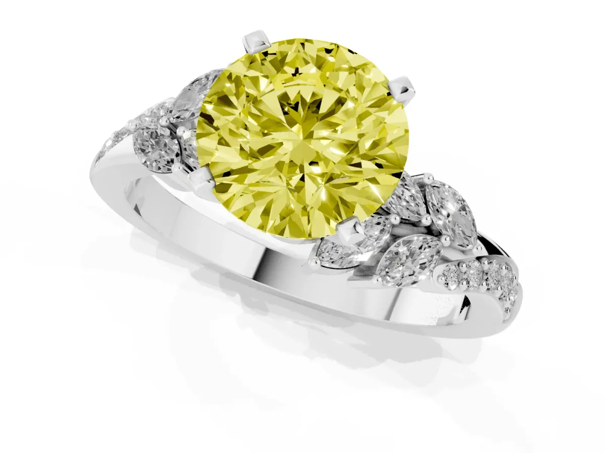 Fancy Yellow Round Cut Solitaire Marquise Twist Band with Six-Prong Setting Silver