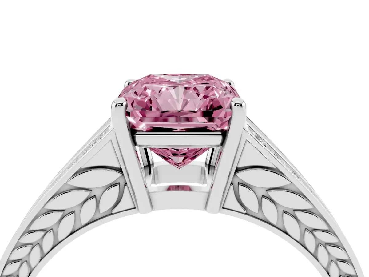 Fancy Pink Radiant Cut Diamond Split Shank Ring with Pavé Band and Four-Prong Setting White gold