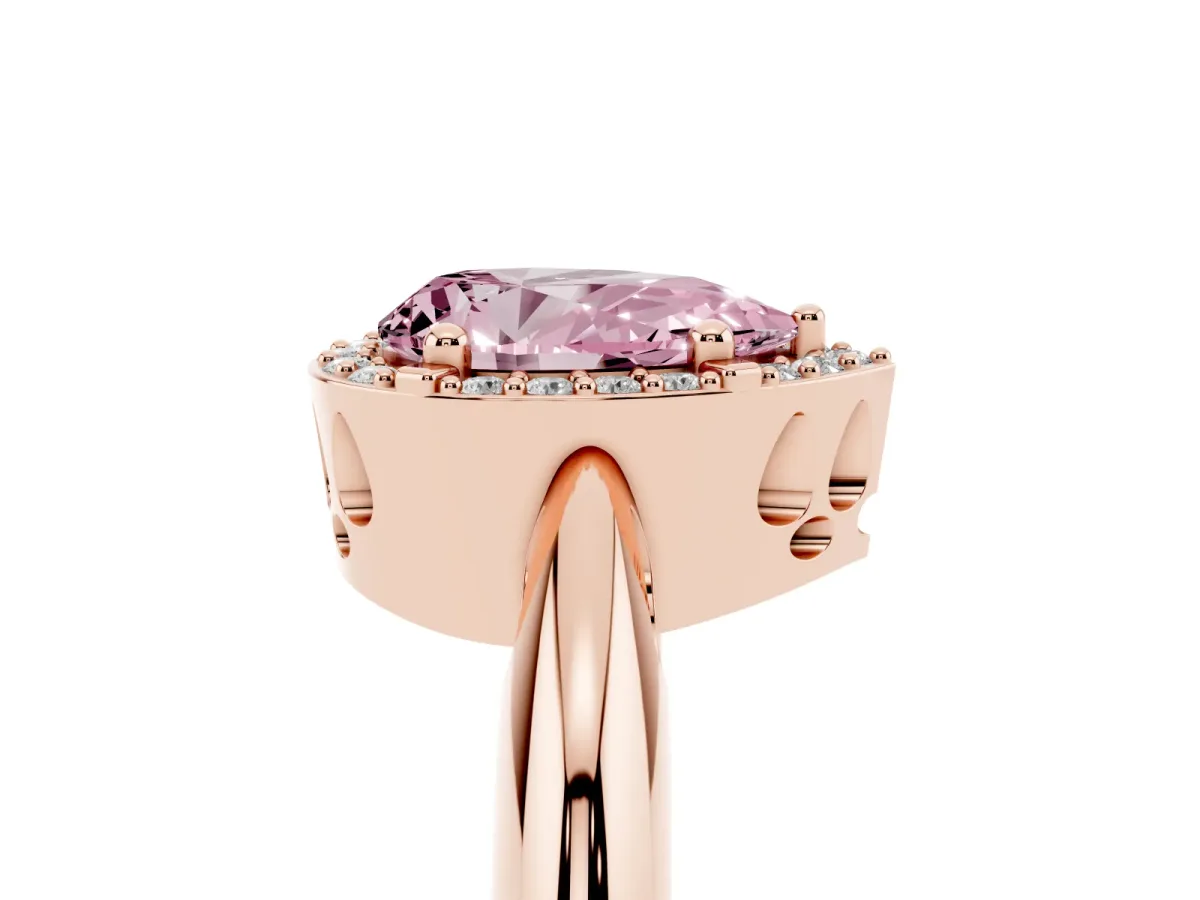 Fancy Pink Pear Cut Cut Diamond Halo Engagement Ring with Split Shank and Four-Prong Setting Rose gold