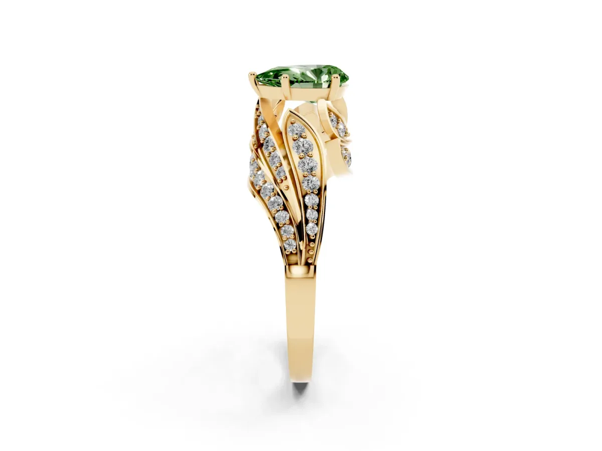 Fancy Green Pear Cut Diamond Solitaire Ring with Prong Setting and Twisted Pavé Band Yellow gold