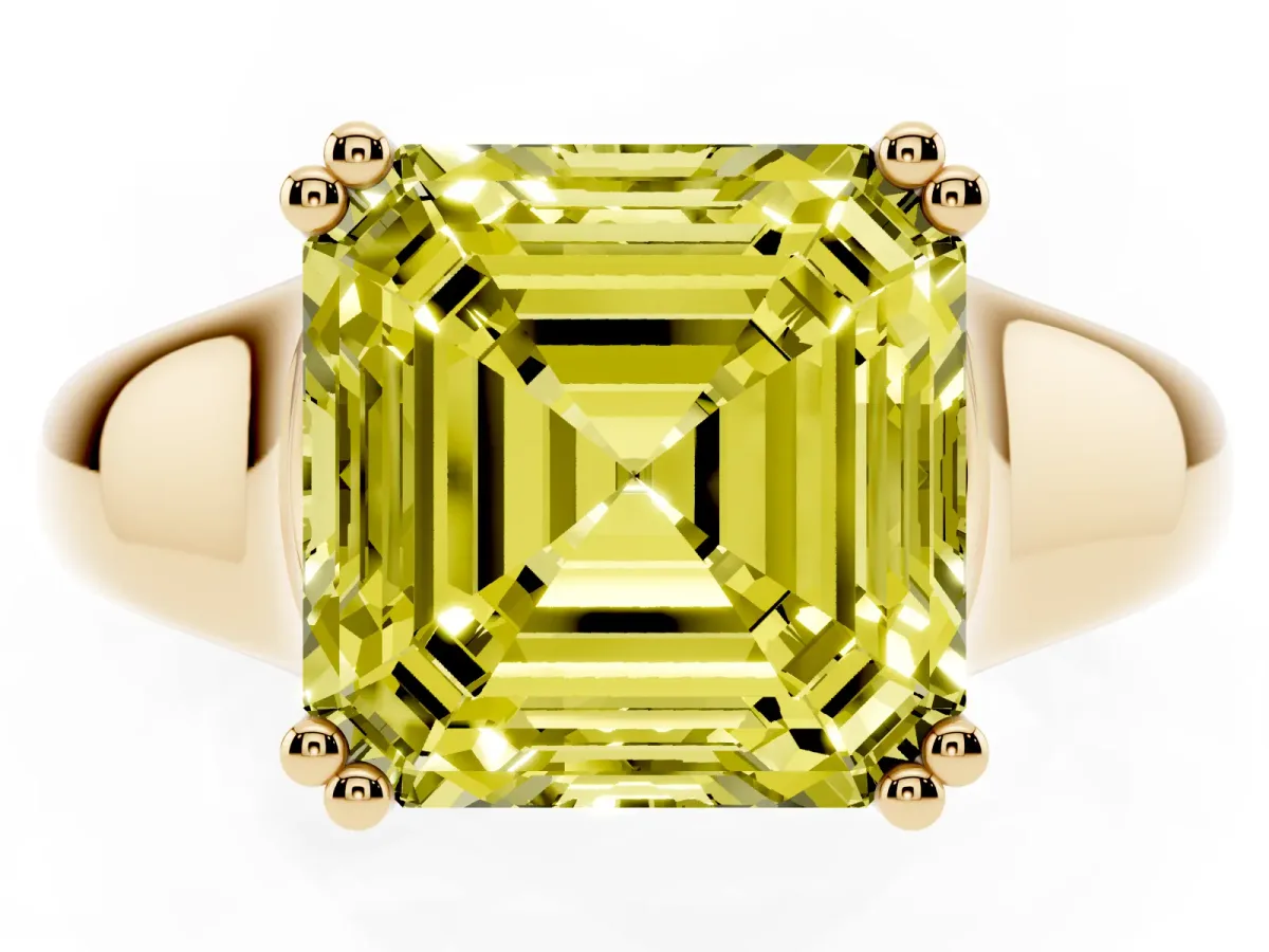 Fancy Yellow Asscher Cut Diamond Solitaire Ring with Wide Band and Prong Setting Yellow gold