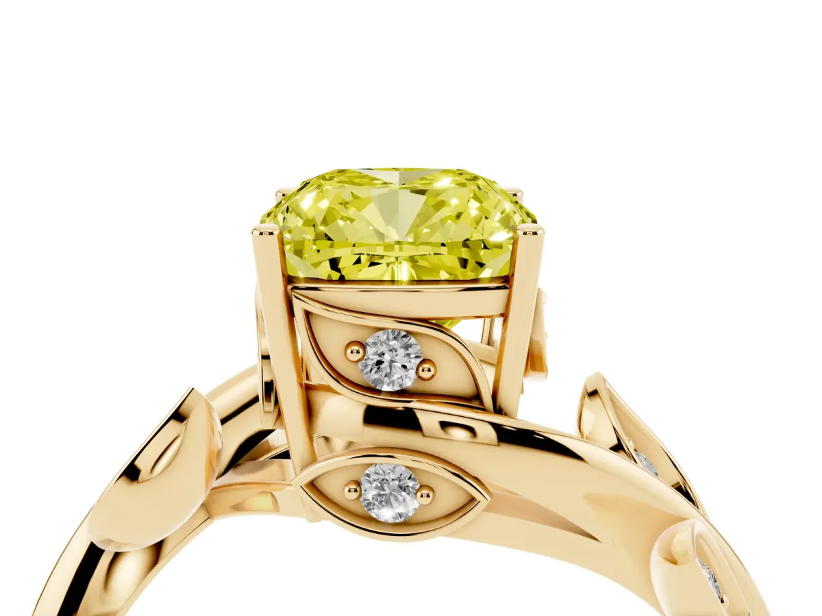 Fancy Yellow Cushion Cut Solitaire Twist Engagement Ring with Leaf Accents and Prong Setting Yellow gold