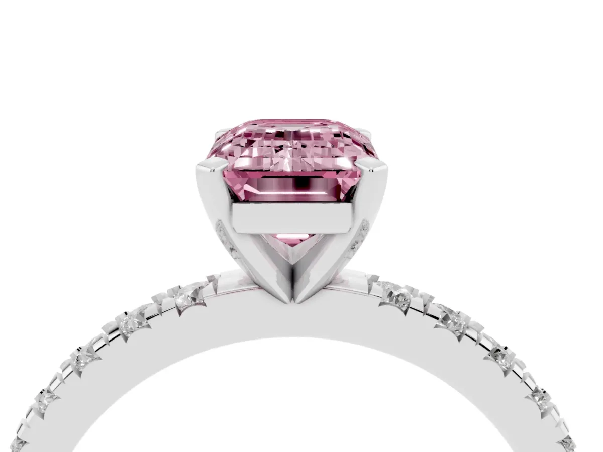 Fancy Pink Emerald Cut Diamond Pavé Band Solitaire with Four-Prong Setting Silver